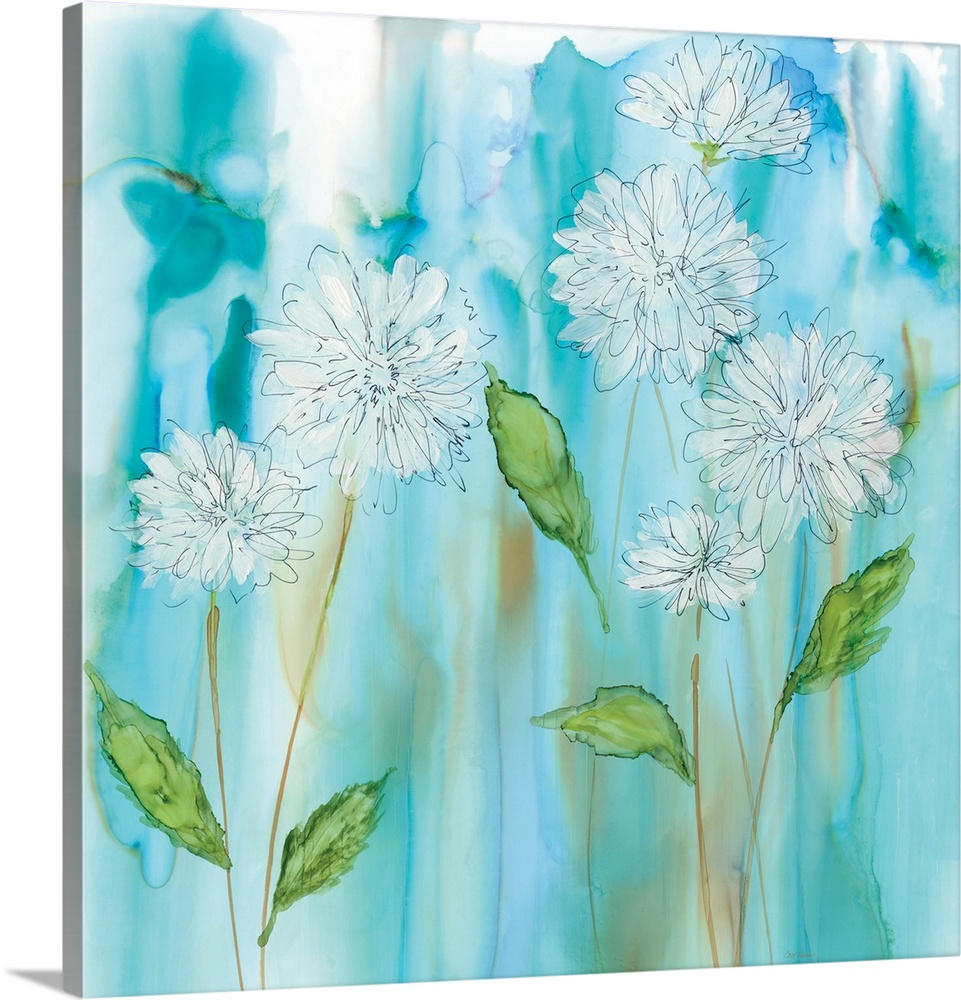 Black and white illustrated flowers with long stems and green leaves on a blue watercolor background.