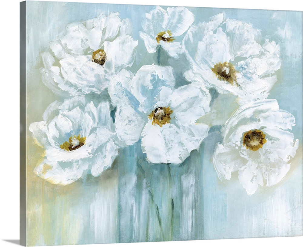 Contemporary painting of a bouquet of white poppy flowers with blue and gold tones.