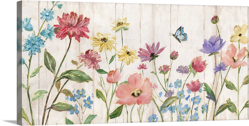 Large painting of colorful wildflowers and a butterfly flying overhead on a faux wood background with metallic gold outlines.
