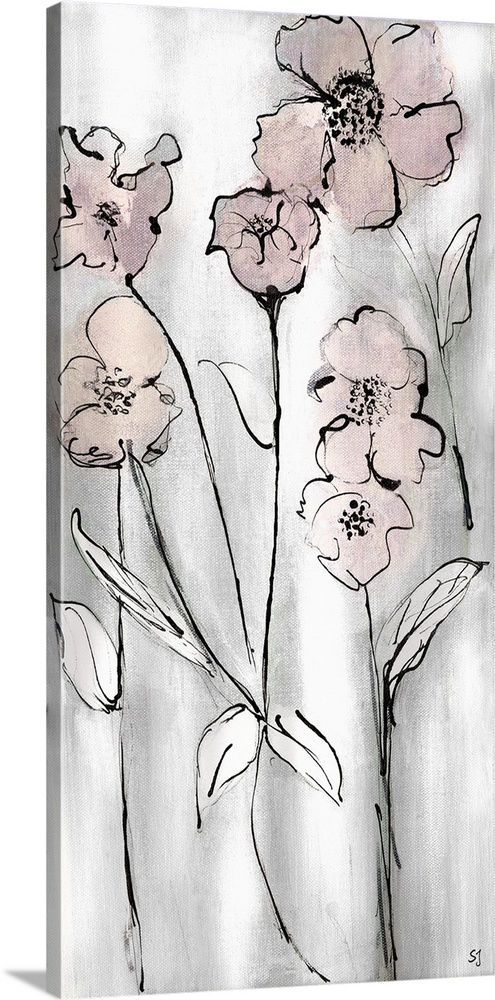 Dynamic wild flowers are outlined in thin black brush strokes and are softly illustrated in muted colors.