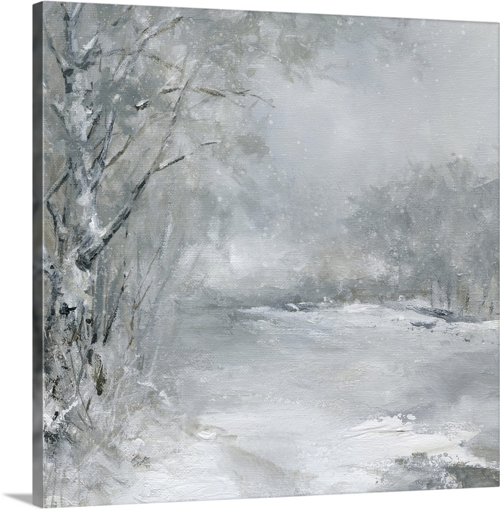A muted snow scene of a field outlined by a forest with snow falling.