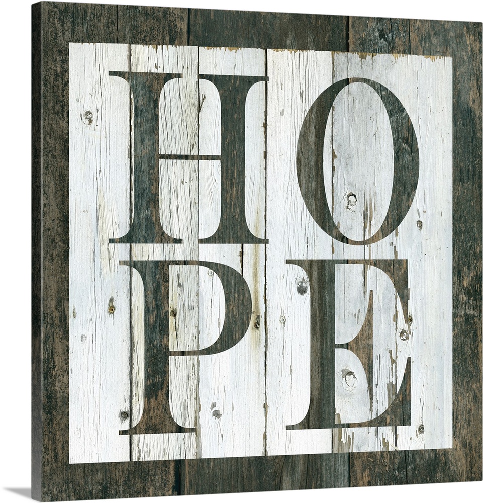 Decorative artwork of a white square and the word 'Hope' in it against of rustic wood background.