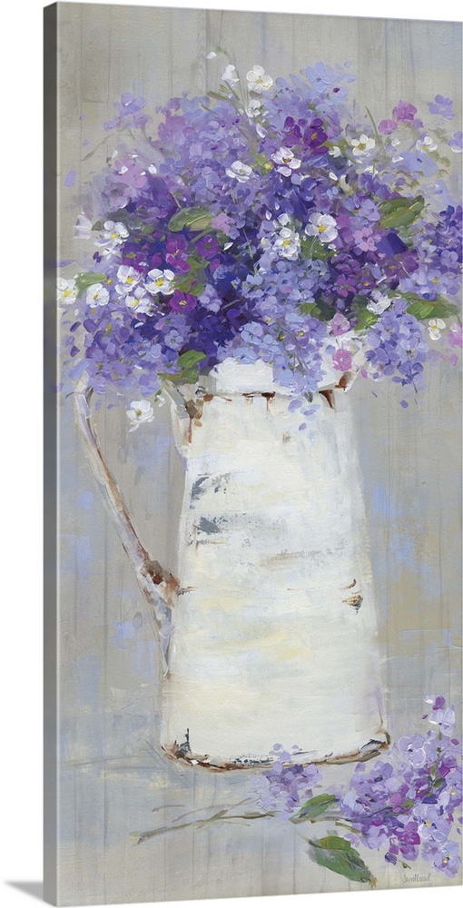 A contemporary still life painting of a bouquet of purple and pink flowers arranged in a white pitcher with a wood grained...