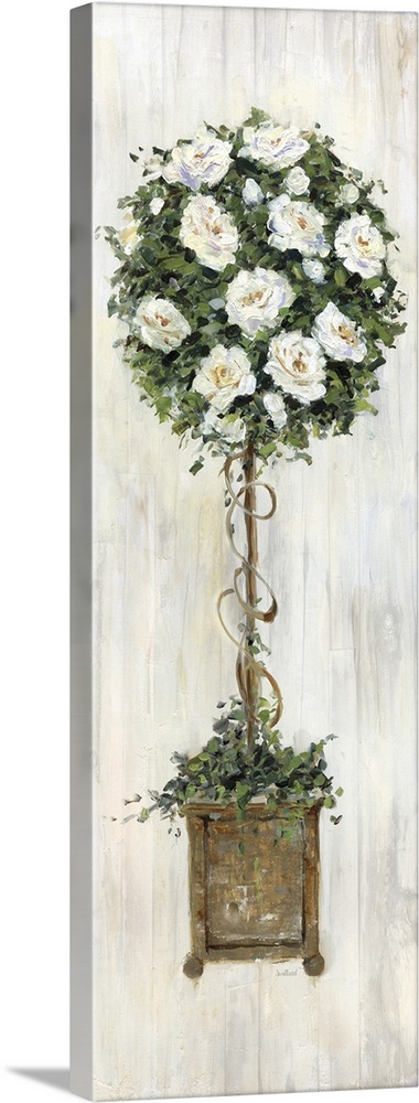 A contemporary still life painting of a topiary with white flowers and a wood grain background.