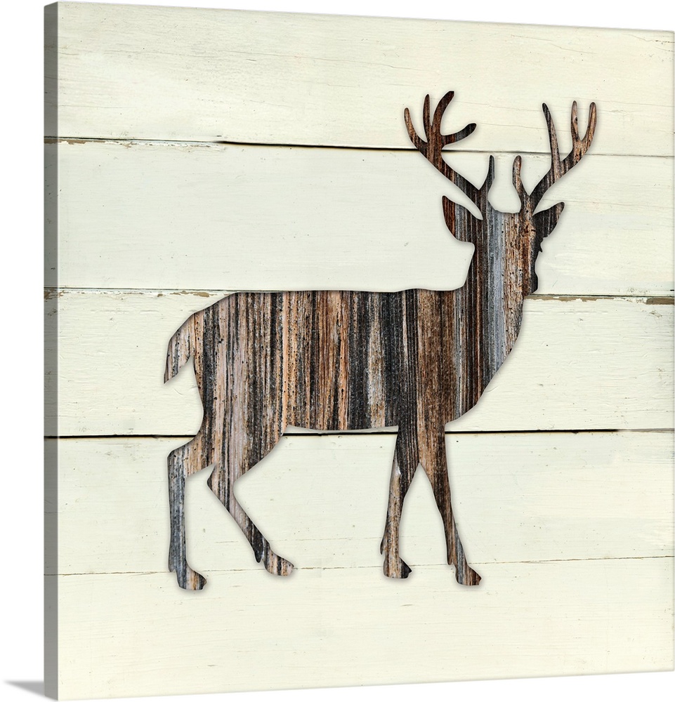 Square decor of a dark brown wooden silhouette of a deer on a white wooden plant background.