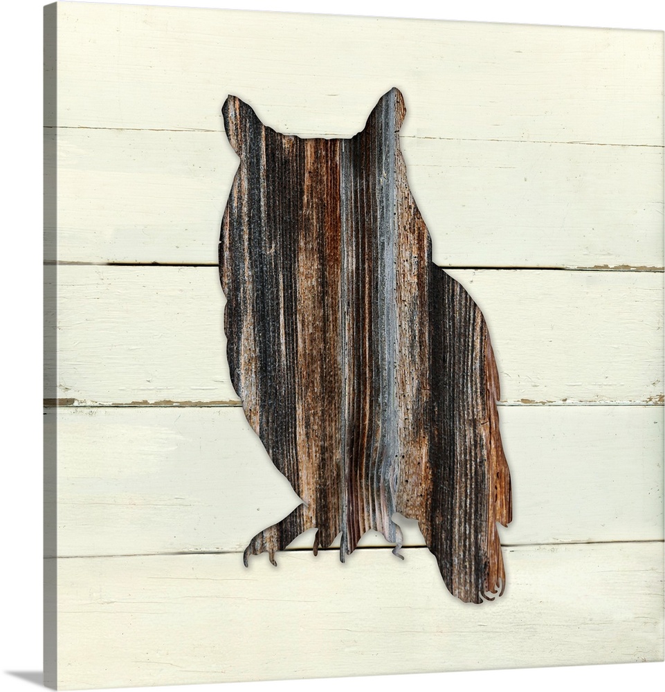 Square decor of a dark brown wooden silhouette of a owl on a white wooden plant background.
