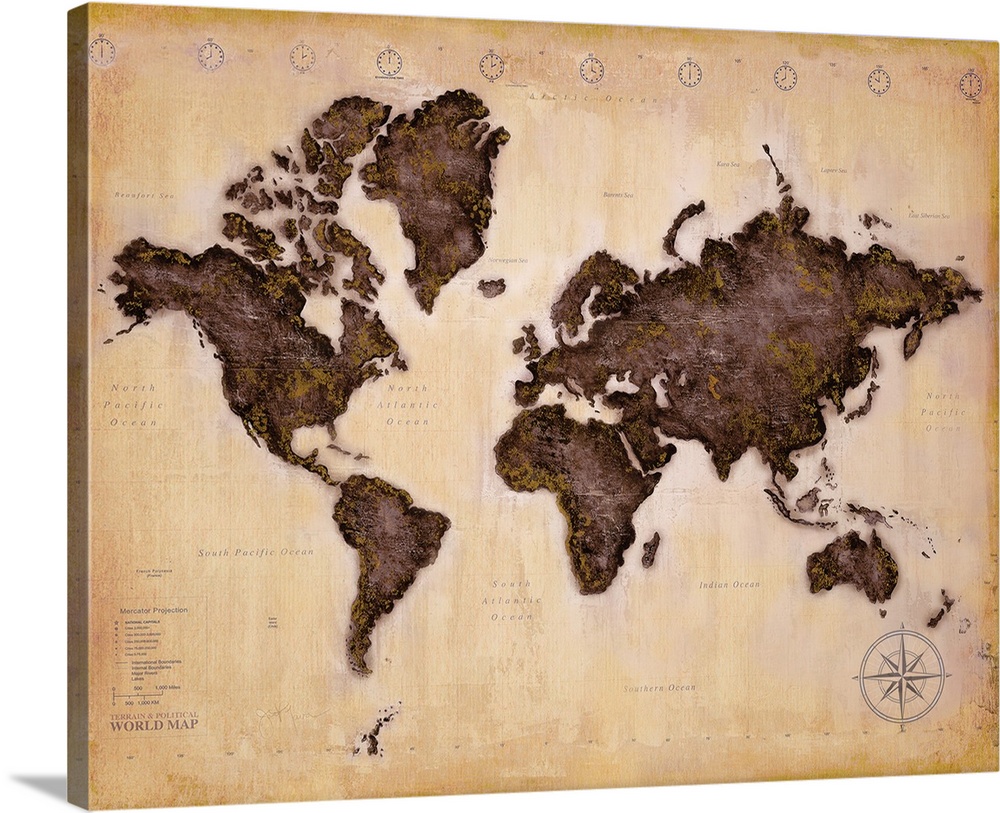 Distressed watercolor style of the world map with darker colored continents on a lighter, antique background.