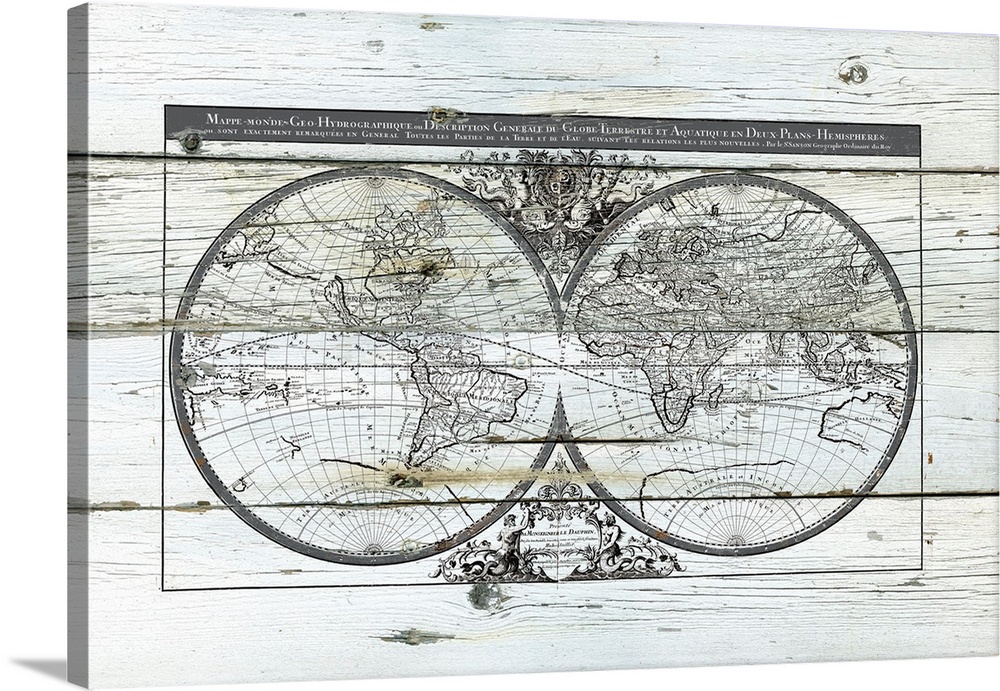 Illustration of the World Map in hemispheres on a distressed wood paneled background.