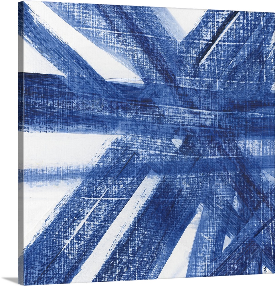 Large blue brushstrokes sweeping in all directions on a crosshatched white background.
