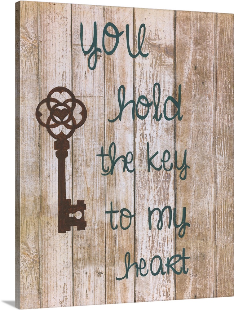 A decorative painting that has an antique key and the saying ?you hold the key to my heart? painted in cursive on an aged ...