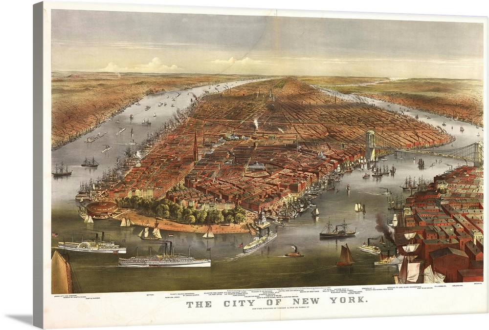 Vintage illustrated map of New York City circa 1870.