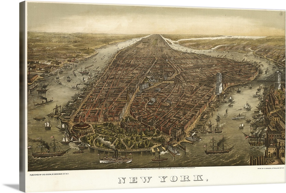 Vintage illustrated map of New York City circa 1874.