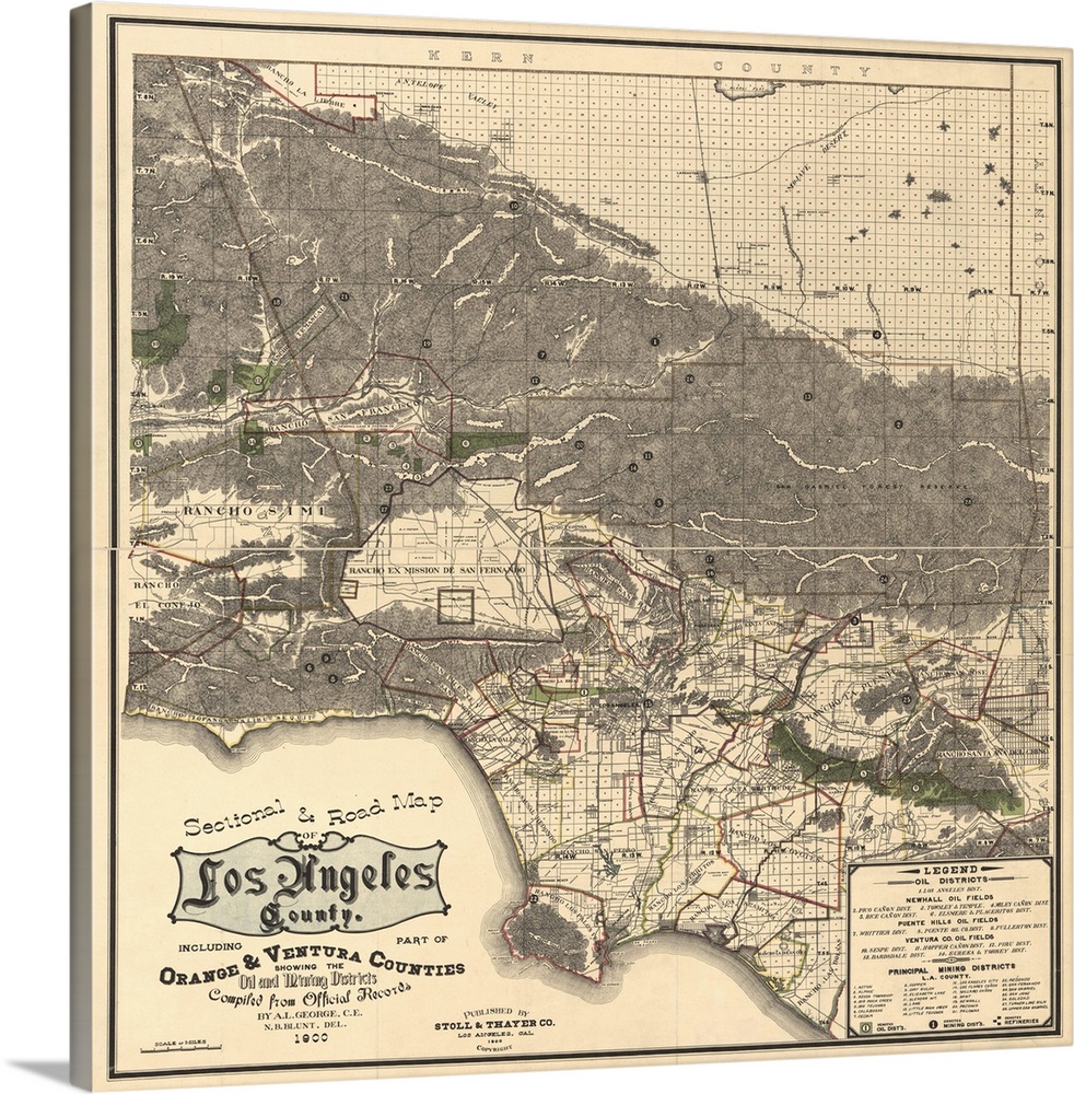 Square vintage road map for Los Angeles from 1900.