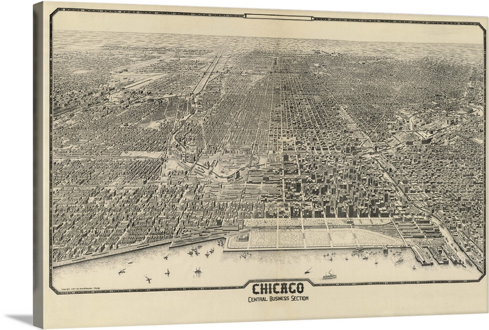 Vintage illustrated map of Chicago Central Business Section circa 1910.