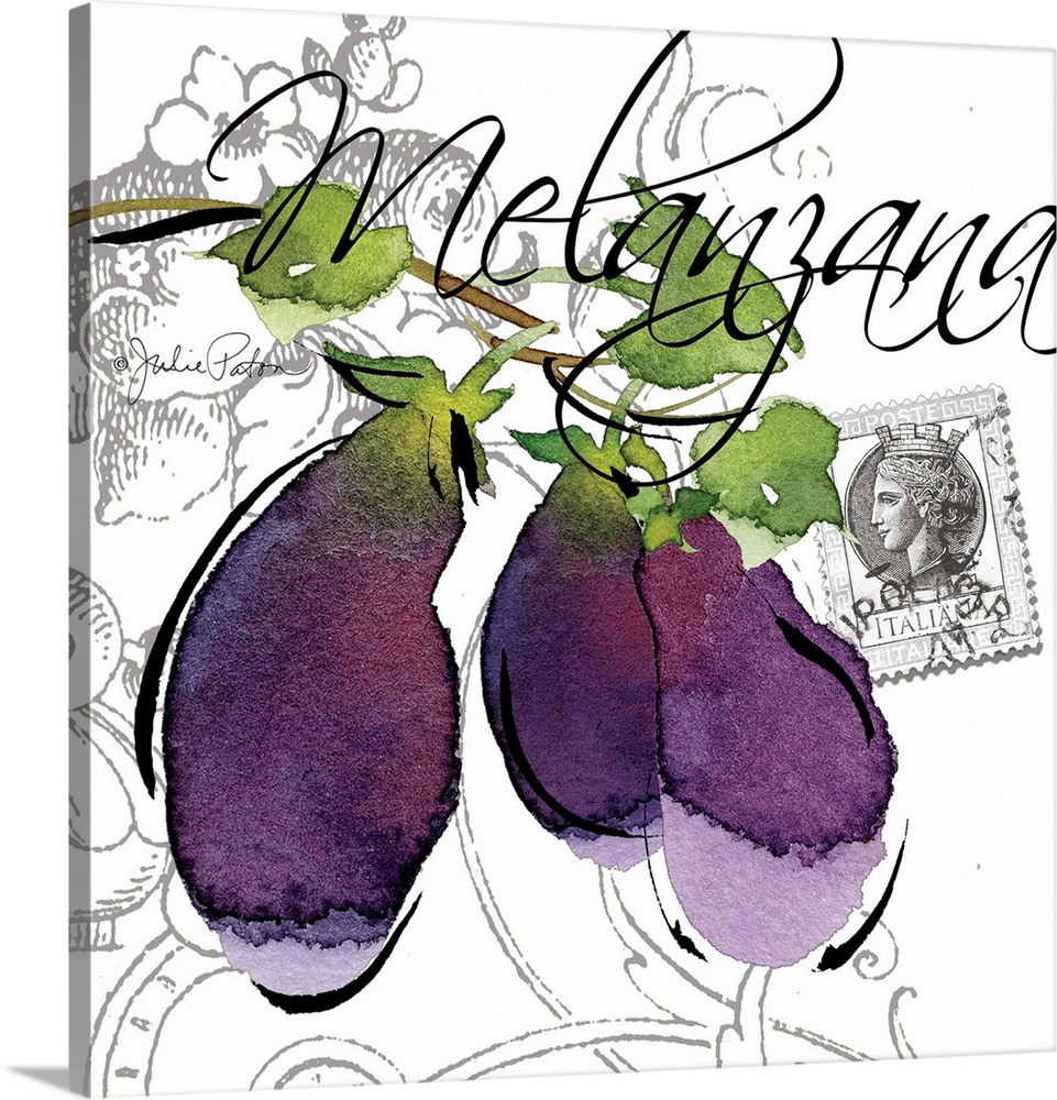 Square Italian kitchen decor with a painting of eggplants on a white and gray designed background and "Melanzana" written ...