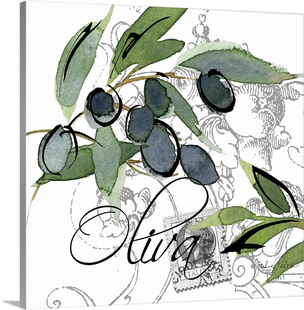 Square Italian kitchen decor with a painting of olive branches on a white and gray designed background and "Oliva" written...