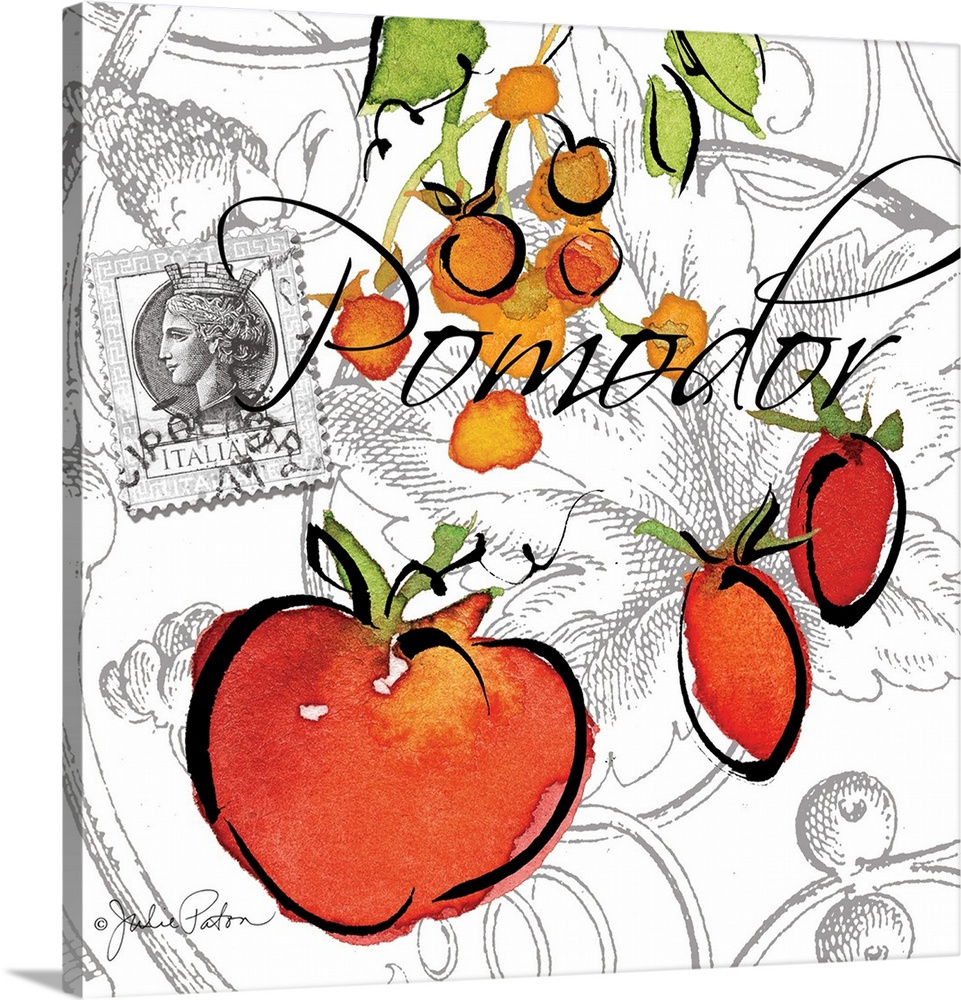 Square Italian kitchen decor with a painting of tomatoes on a white and gray designed background and "Pomodor" written on ...