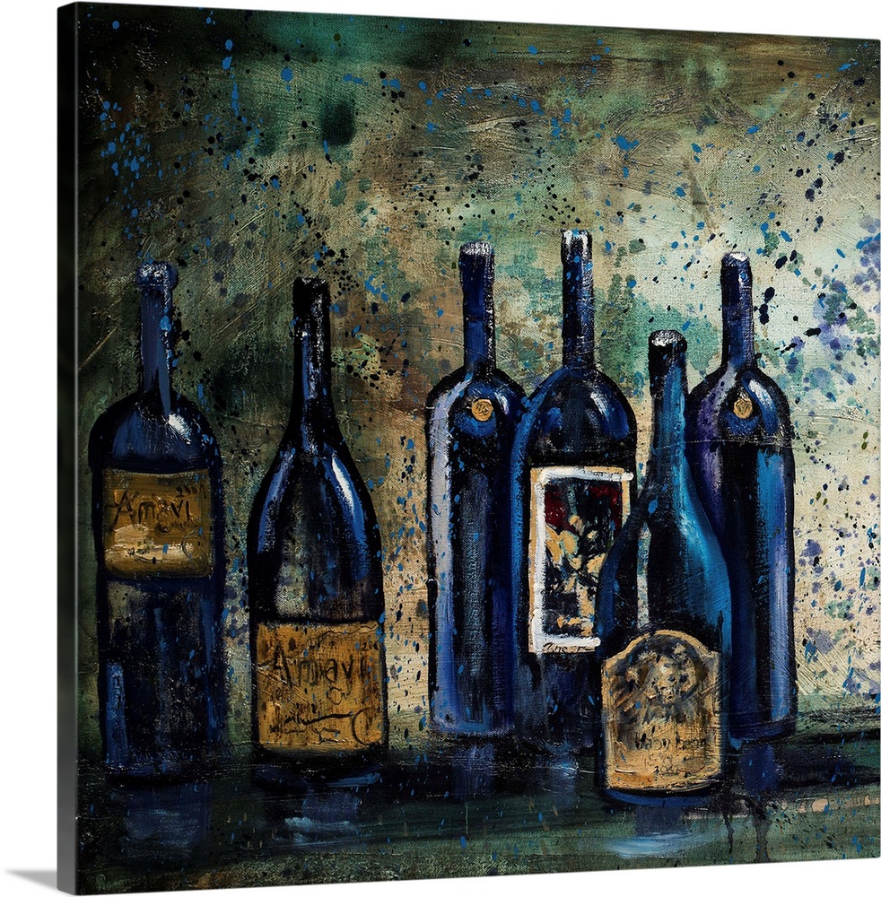Square still life painting of blue wine bottles on a table with a paint splattered background.