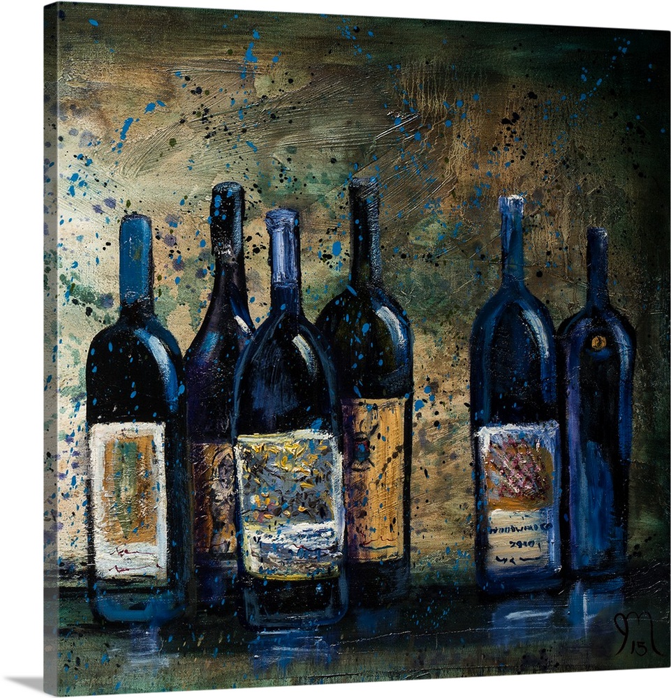 Square painting of cool toned wine bottles with a blue paint splattered overlay.