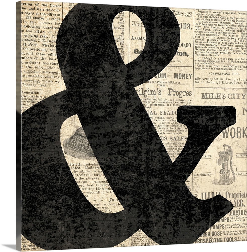 Square decor with a large black ampersand on a newspaper background.