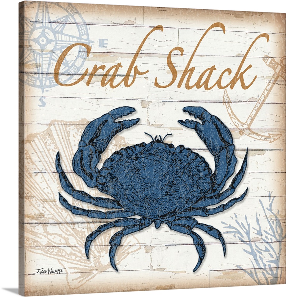 Blue, gold, and brown square beach decor with an illustration of a blue crab.