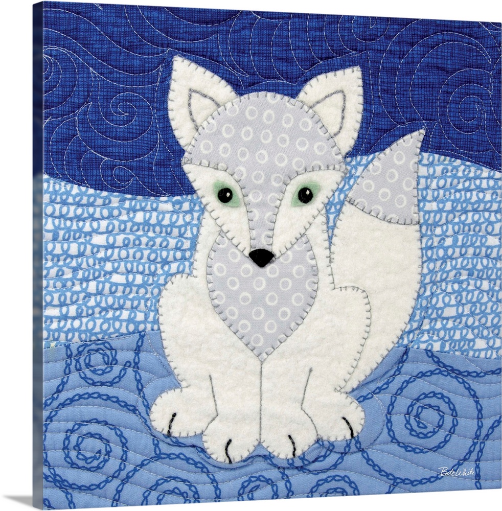 Square sewn art with a white arctic fox and a blue patterned background.