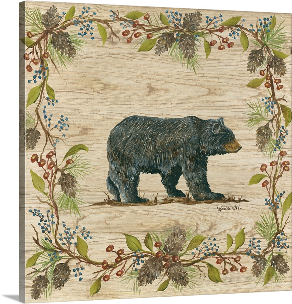 Square decorative painting of a black bear on a wood grain background with a leafy frame with berries and pine cones.