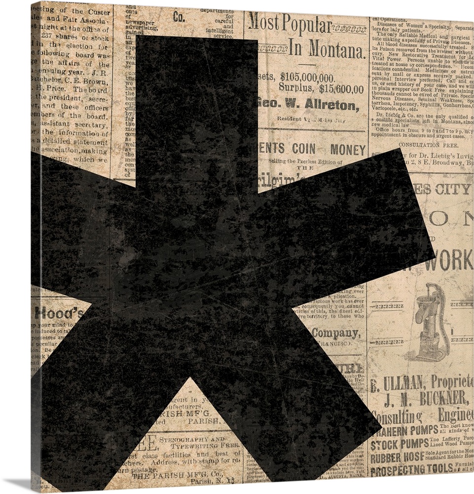 Square decor with a large black asterisk on a newspaper background.