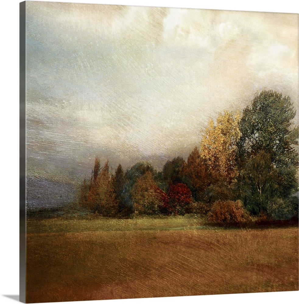 Square panting on canvas of a field with an autumn colored forest in the background.