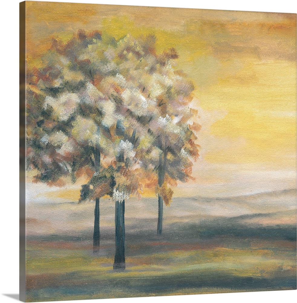 Square painting of an Autumn sunset with three Autumn trees.