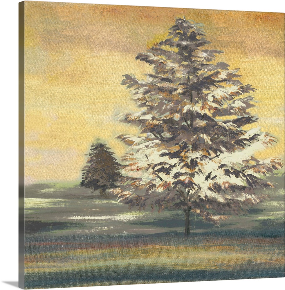 Square painting of an Autumn sunset with two large trees.