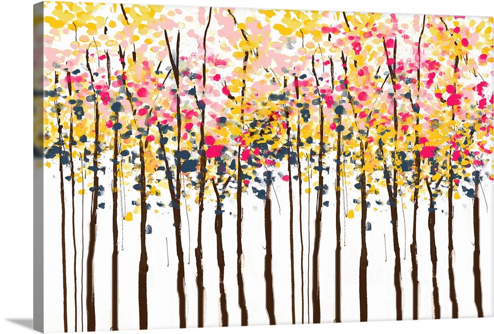 Contemporary painting of a forest of trees with colorful leaves.