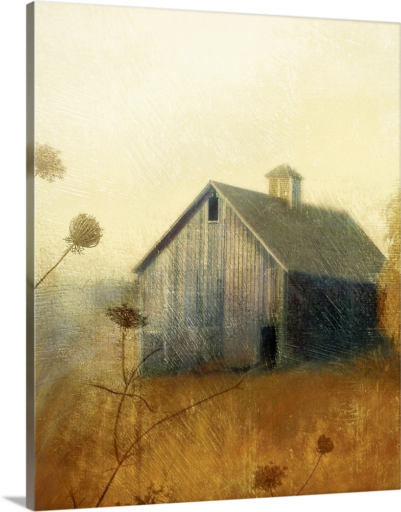 Thick bristle painting of a wooden barn sitting in the middle of a field.