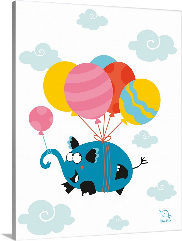 Playful illustration of a blue elephant floating in the clouds with colorful balloons tied to it.