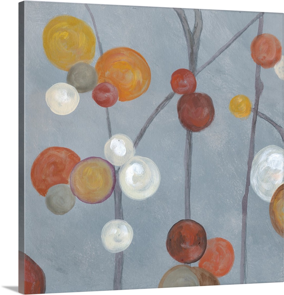 Square abstract painting with a slate blue background and circles in orange, white, gray, yellow, and red on top connected...