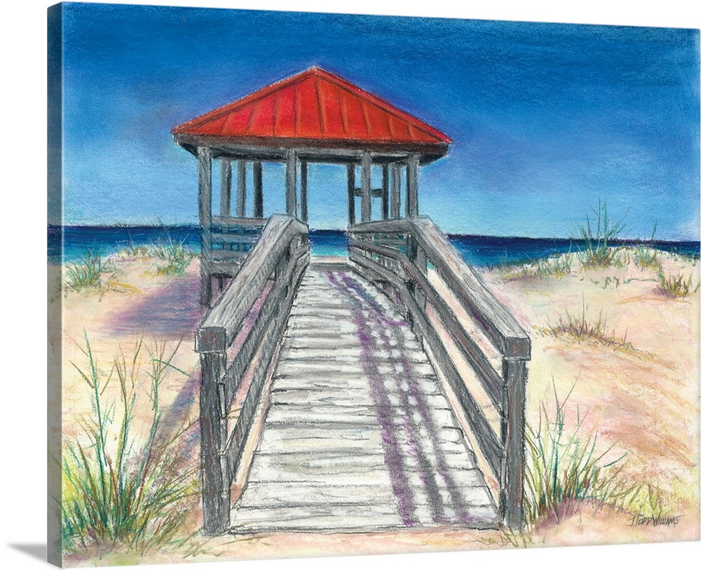 Painting of a wooden walkway leading up to a red beach banana with the ocean in the background.
