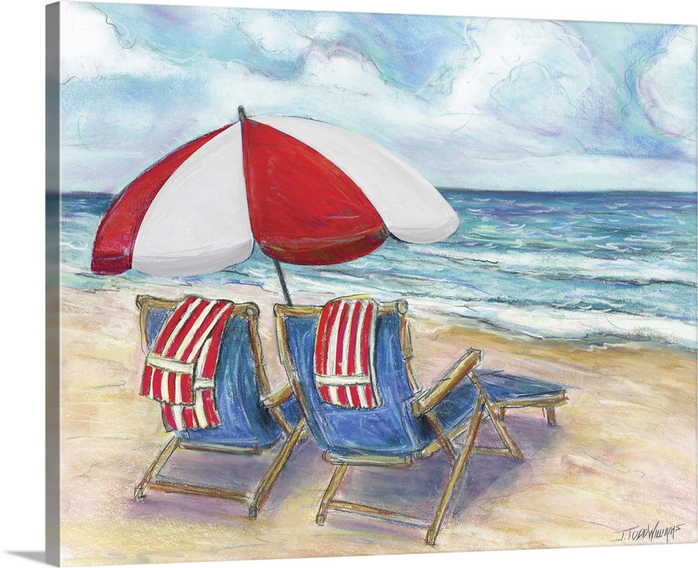 Relaxing beach art with two blue beach chairs that have red and white striped towels on each underneath a red and white st...