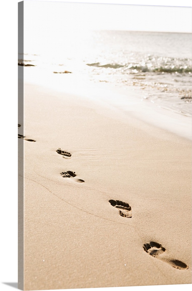 Photograph of a line of footprints in the sand in front of the ocean.