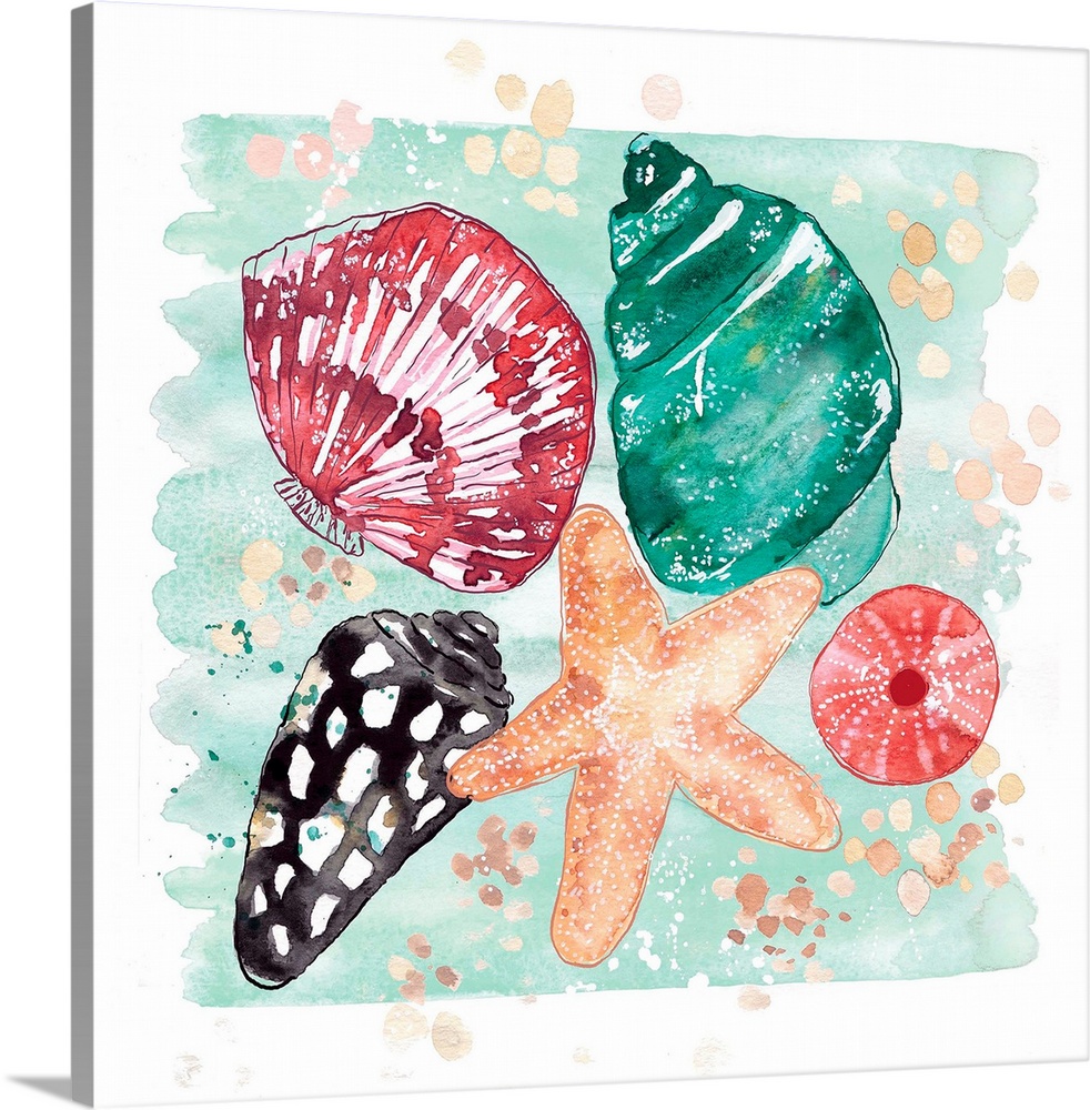 Watercolor painting of a collection of colorful seashells and a starfish.