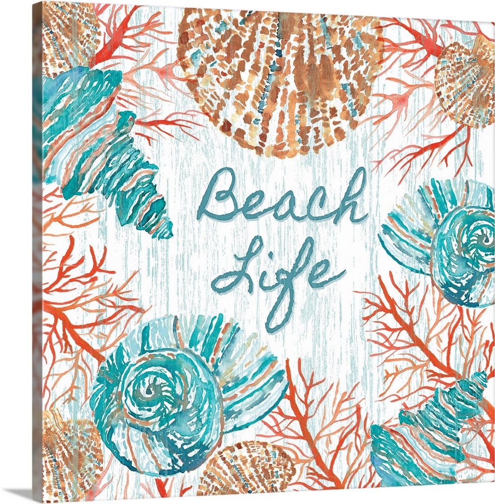 "Beach Life" in blue and coral tones.