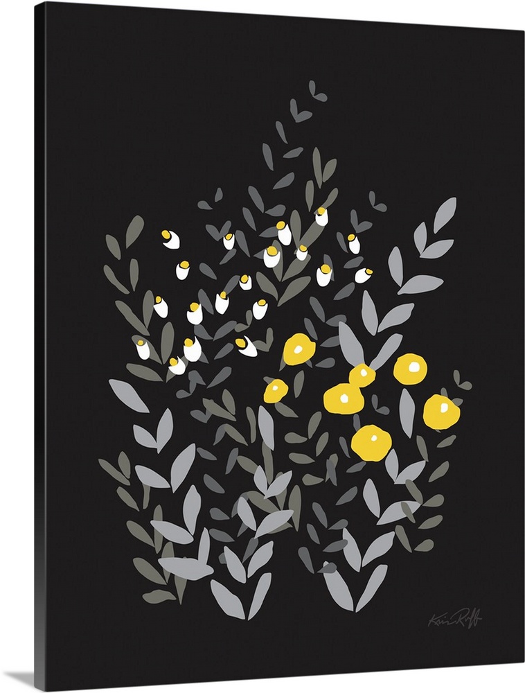 Large graphic illustration of abstract wildflowers in yellow, white, and gray hues on a solid black background.