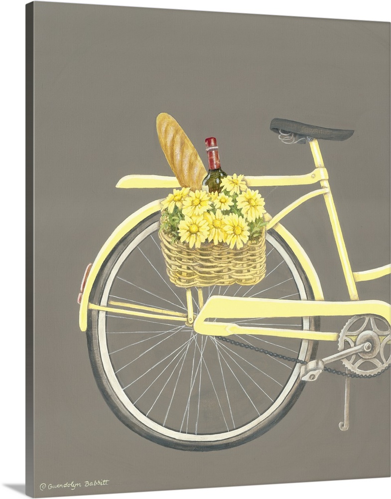 Painting of the rear of a pale yellow beach cruiser with a basket full of yellow flowers, french bread, and a bottle of wi...