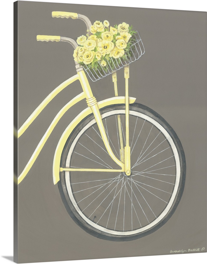 Painting of the front of a pale yellow beach cruiser with a basket full of yellow flowers on a gray background.