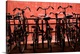 image thumbnail of Several bicycles parked along a railing in front of a red wall.