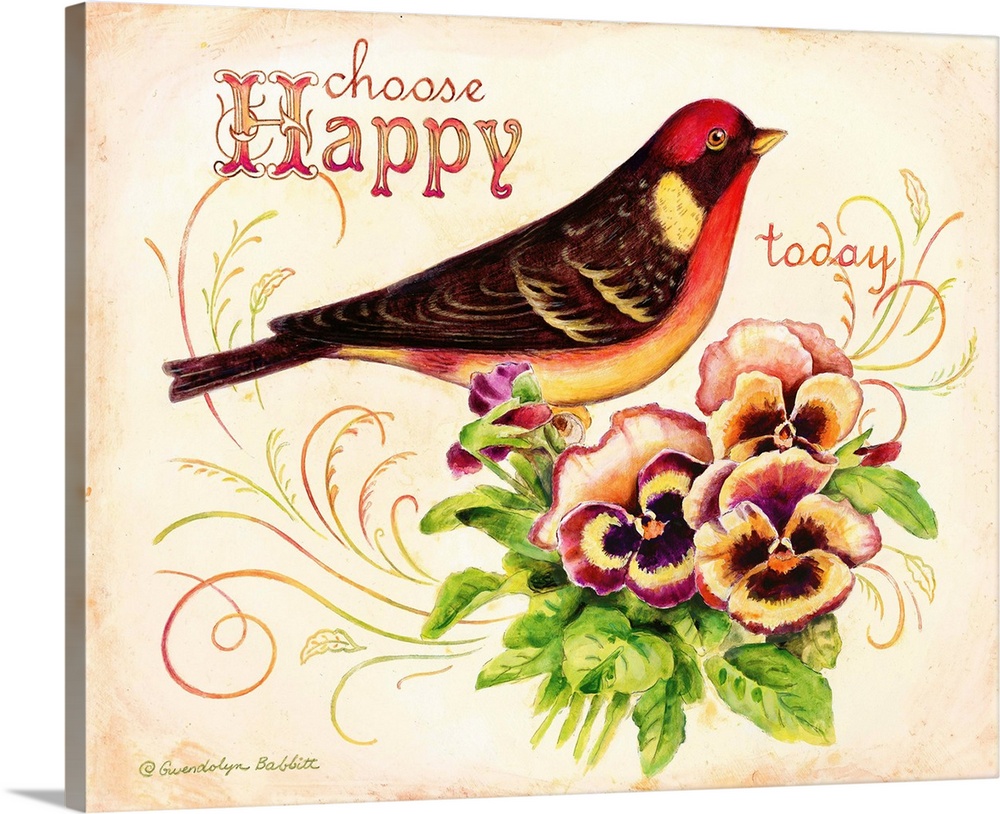 "Choose Happy Today" handwritten above a painting of a bird next to pansies.