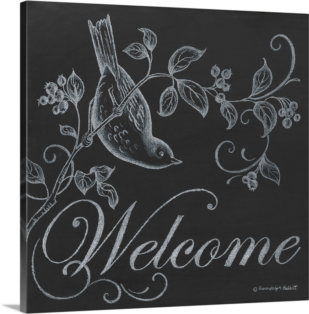 Square chalkboard "Welcome" sign with white chalk illustration of a bird perched on a branch with leaves and berries.
