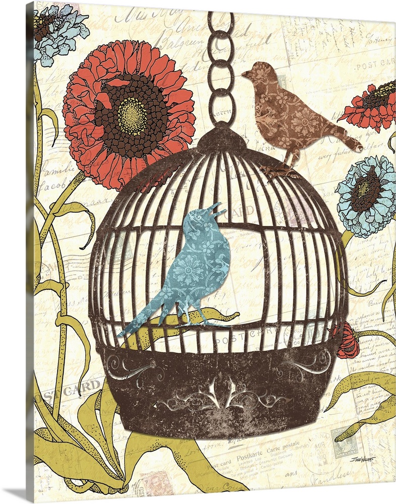 Collage art with blue and red flowers, two birds, and a bird cage on a background created with old postcards.