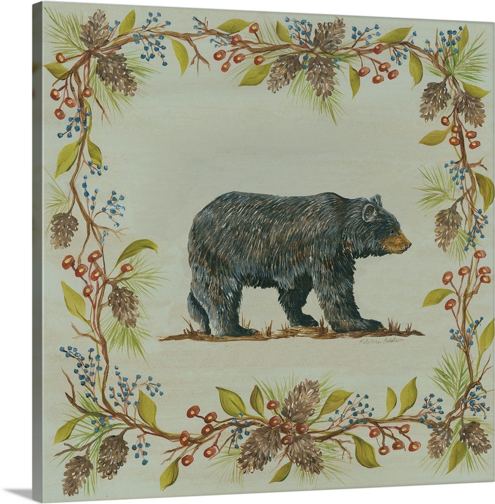 Square decorative painting of a black bear on a blue-green background with a leafy frame with berries and pine cones.