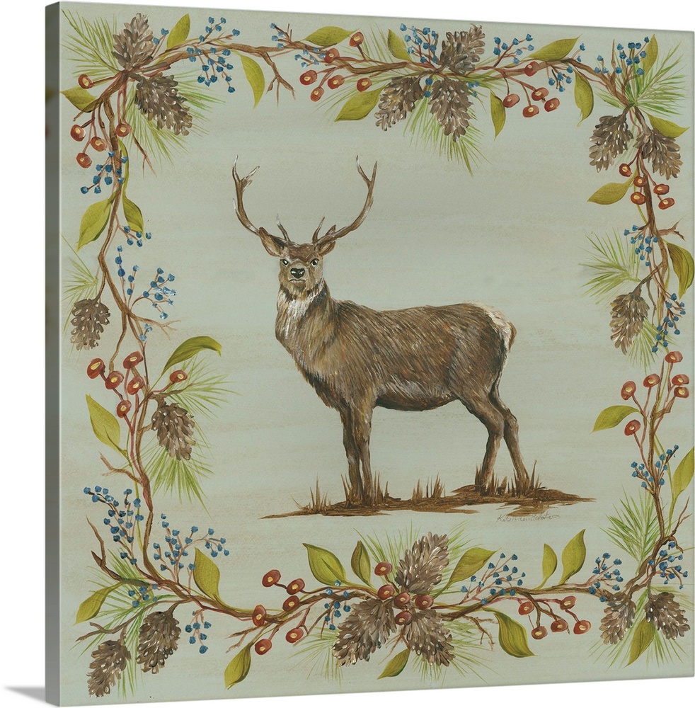 Square decorative painting of a buck on a blue-green background with a leafy frame with berries and pine cones.