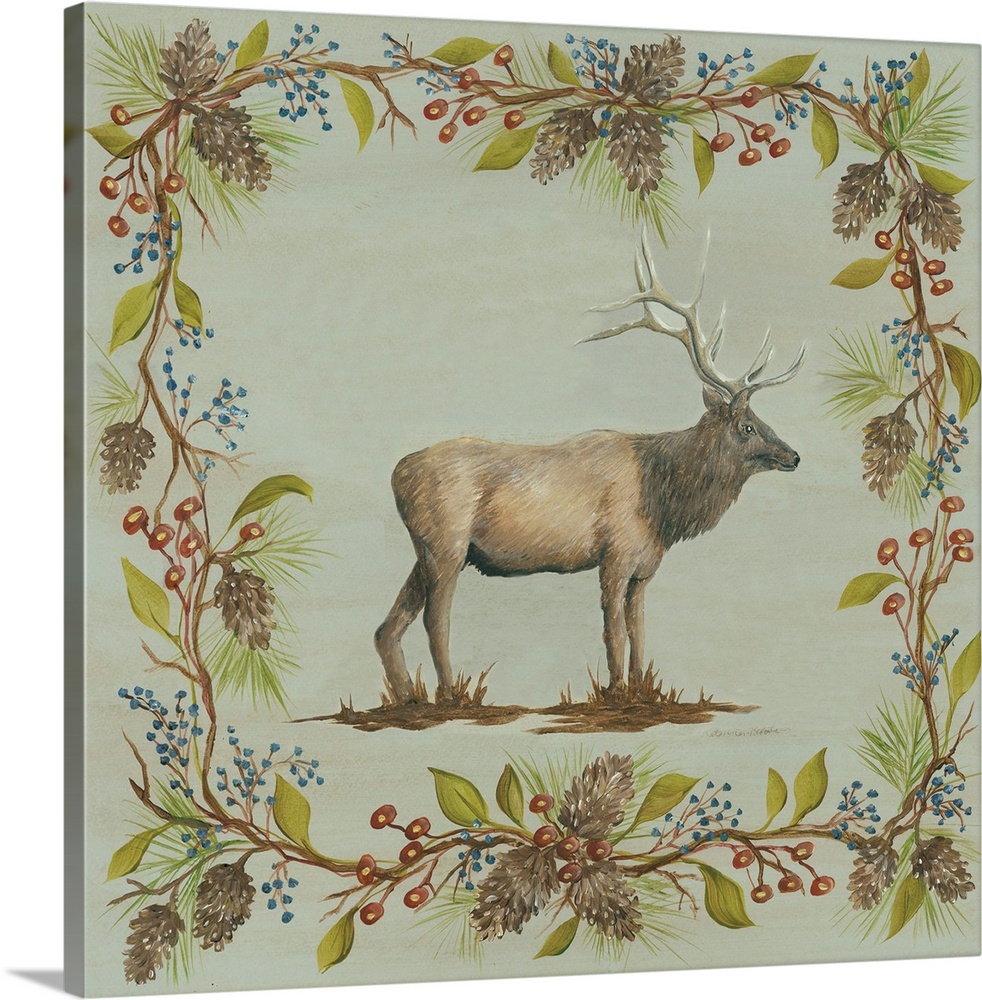 Square decorative painting of an elk on a blue-green background with a leafy frame with berries and pine cones.